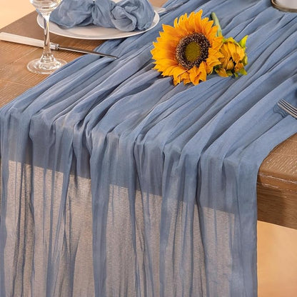 Dusty Blue Cheesecloth Table Runner Christmas Table Runner Boho Gauze 120 Inches Blue Table Decor for Xmas Holiday Season Parties Marine Weddings Bridal Baby Shower Birthday Party