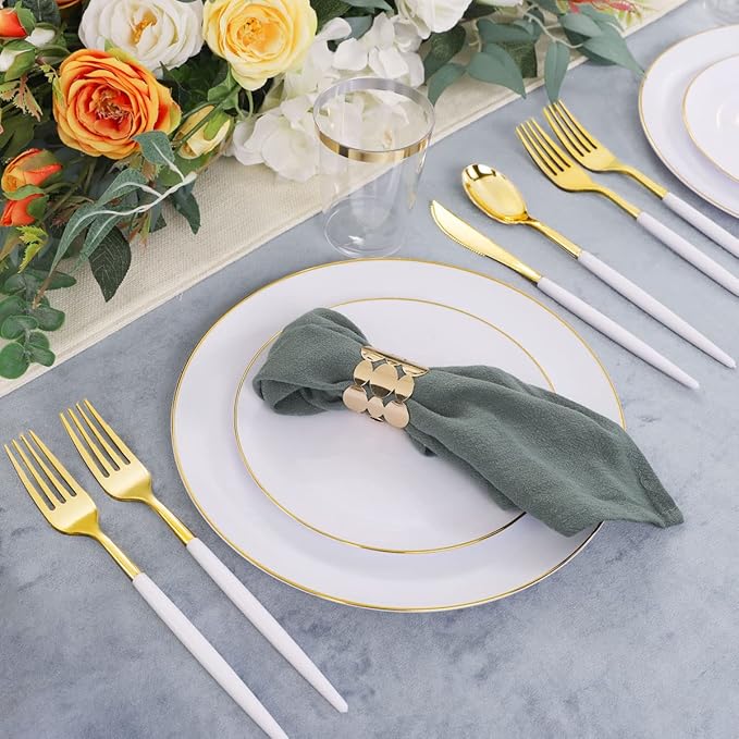 LIYH 180 Pcs White and Gold Plastic Plates Disposable - Dinnerware Set, Gold Plastic Silverware, Disposable Heavyduty Plates for Parties, Birthdays, Wedding 30Guests