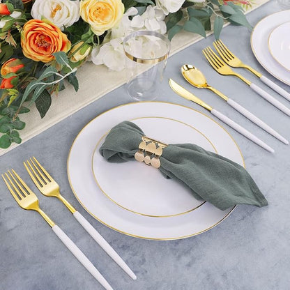 LIYH 180 Pcs White and Gold Plastic Plates Disposable - Dinnerware Set, Gold Plastic Silverware, Disposable Heavyduty Plates for Parties, Birthdays, Wedding 30Guests
