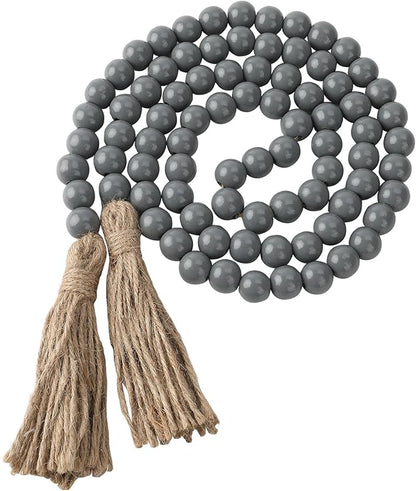 Wood Bead Garland 58 Inch Grey Wooden Beads for Boho Farmhouse Table Home Decor with Tassel, Wooden Prayer Bead, Rustic Country Boho Wall Hanging Decor for Kitchen Modern Living Room Tray Vase Shelf