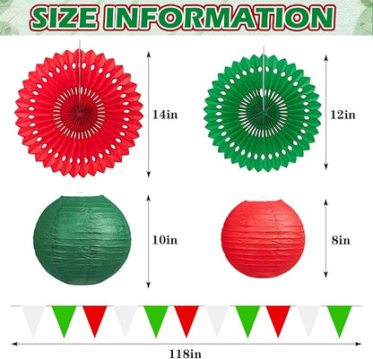 13Pcs Italian Party Decorations, Hanging Red White and Green Paper Lanterns Paper Fans for Birthday Wedding Baby Shower Christmas Mexican Independence Day Italian Themed Party Decorations