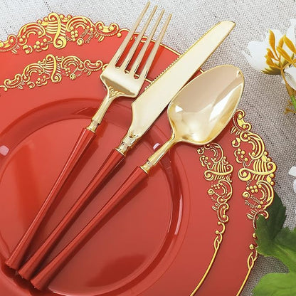 Liacere 30 PCS Gold Plastic Silverware with Pre Rolled Napkins - Gold Plastic Cutlery Premium Gold Plastic Utensils with Red Handle Includes 10Forks 10Knives 10Spoons 10Napkins for Christmas Day