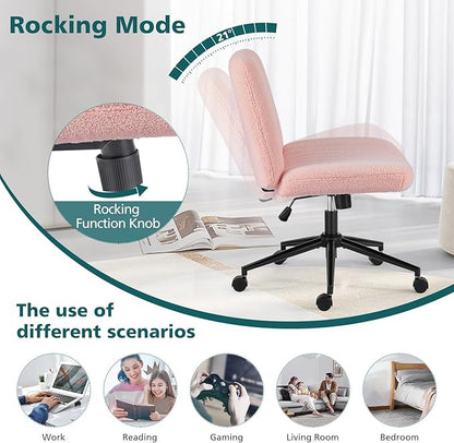OLIXIS Criss Cross Chair with Wheels Wide Cross Legged Office Desk Vanity Chair Comfy Fabric Armless Adjustable Swivel for Home Computer Task Teddy Pink