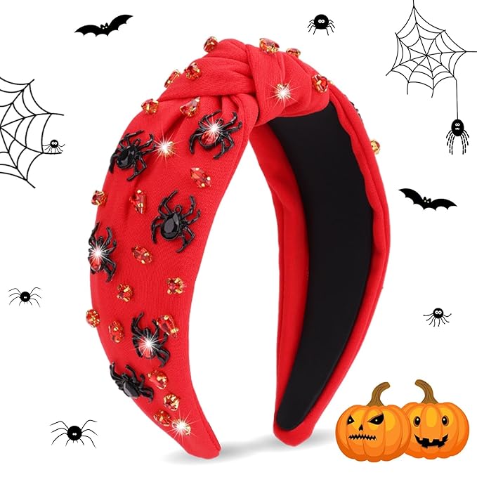 Halloween Headband - Red Spider Rhinestone Wide Jeweled Knotted Headband, Crystal Beaded Jeweled Top Knot Embellished Hair Accessory for Women's Halloween & Birthday Gift