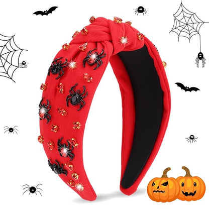 Halloween Headband - Red Spider Rhinestone Wide Jeweled Knotted Headband, Crystal Beaded Jeweled Top Knot Embellished Hair Accessory for Women's Halloween & Birthday Gift