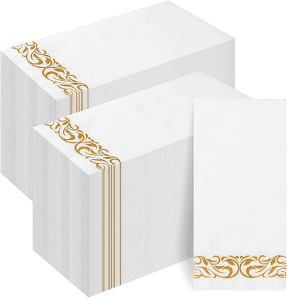Goodluck 200-Pack Linen-Feel Disposable Guest Towels – Soft and Absorbent Paper Hand Towels for Bathroom or Kitchen – Elegant White Napkins with Gold Design for Parties, Weddings, Dinners Events