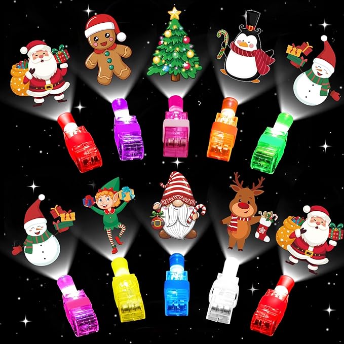 40PCS Christmas Party Favors for Kids,Christmas LED Light Up Finger Lights Glow in the Dark Party Favors for Kids, Classroom Prizes Trick or Treats Gifts