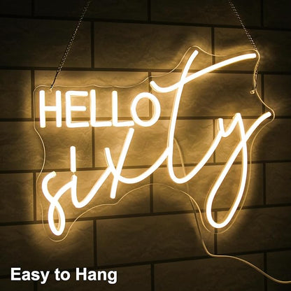 Hello Sixty Neon Sign Happy 60th Birthday LED Signs Warm White 60 Years Dimmable Neon Lights 60th Birthday Decorations Neon Signs for Wall Bedroom Birthday Party Decor Birthday Supplies