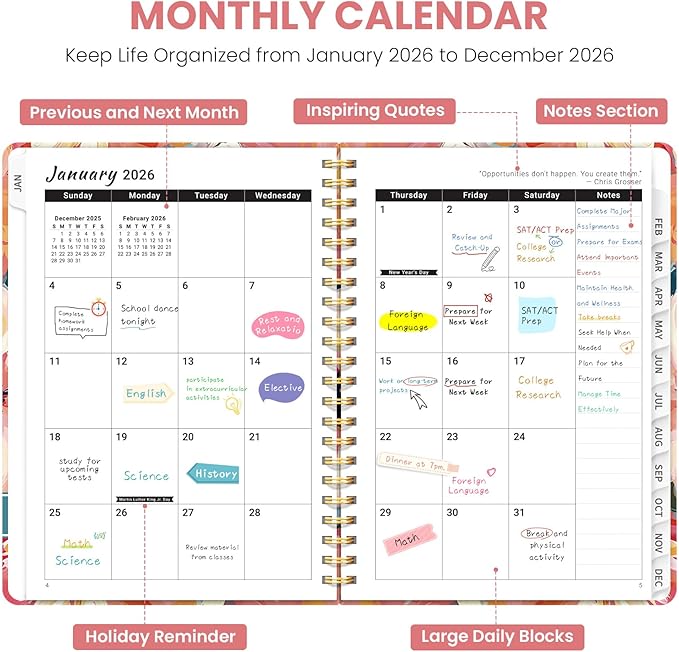 2026 Planner, Weekly and Monthly Planner for Women, Jan 2026 - Dec 2026 Pretty 2026 Calendar Planner with Monthly Tabs, Inner Pocket, Spiral Binding, Perfect for Office Home School - 8.5" x 11", Pastel Garden