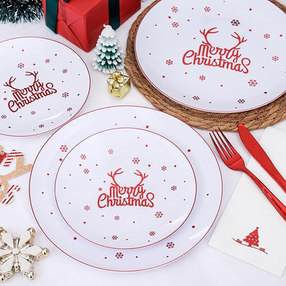 Nervure 175PCS Christmas Plastic Plates - White and Red Disposable Plates & Red Plastic Silverware include 50 Plates 25Knives 25Forks 25Spoons 25Napkins for Christmas Party