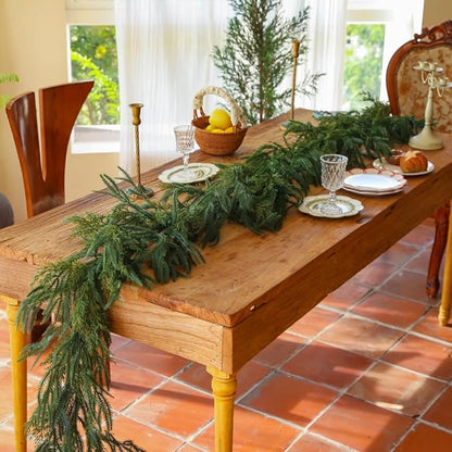 Norfolk Pine Garland Artificial Real Touch Green Thick Faux Norfolk Pine & Cedar 9FT Greenery Christmas Decor for Mantle Fireplace Wall Table Railings Indoor Outdoor Xmas Decorations