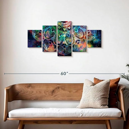 ElephantStock - Celestial Mandala Wall Art - Horizontal Multi Panel Canvas - 5 Piece Living Room Wall Decor - Digital Art Elements Multi Piece Wall Art - Turquoise And Blue Decor - 42" x 19"