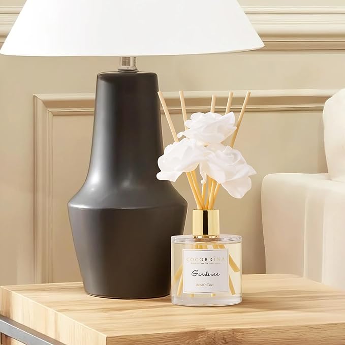Cocorrína Reed Diffuser Set,6.7oz (200ml) Gardenia Scented Diffuser with 3 White Rose Foam Flowers & Cotton Sticks, Home Fragrance Reed Diffuser for Bathroom Shelf Decor
