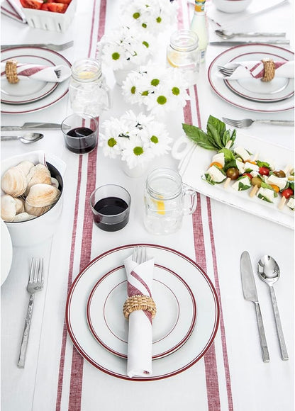 Solino Home Linen Table Runner 120 Inches Long - 100% Pure Linen Burgundy and White French Stripe Table Runner 14 x 120 Inch for Dining, Fall, Autumn, Christmas, New Year