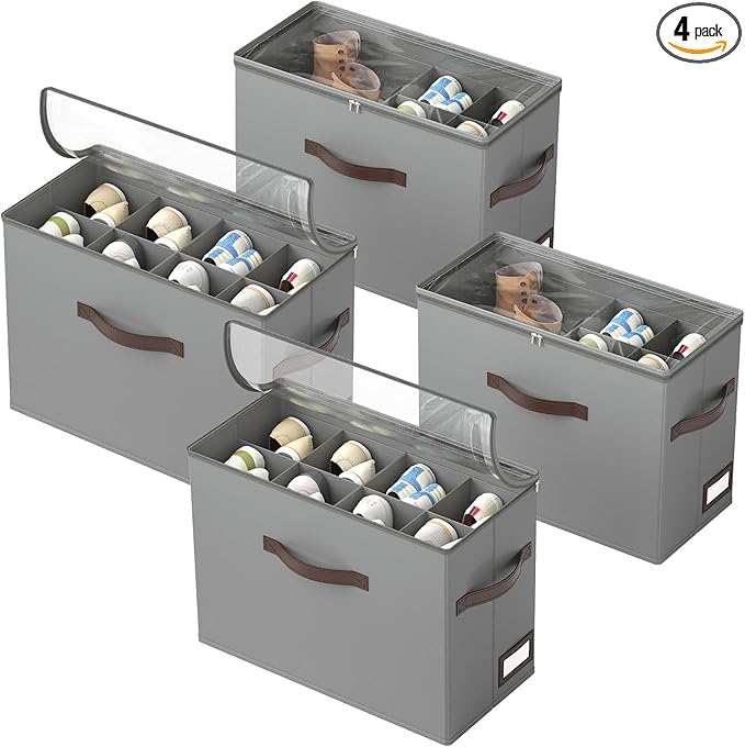 OIAHOMY 4 Pack Shoe Organizer for Closet, Foldable Shoe Storage Bins with Adjustable Dividers, Stackable Oxford Cloth Sneaker Boxes for Entryway Bedroom, Fits Up to 32 Pairs, Grey