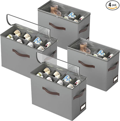OIAHOMY 4 Pack Shoe Organizer for Closet, Foldable Shoe Storage Bins with Adjustable Dividers, Stackable Oxford Cloth Sneaker Boxes for Entryway Bedroom, Fits Up to 32 Pairs, Grey
