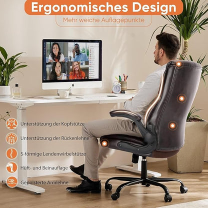 Sweetcrispy Ergonomic Computer Gaming Office Chair Set of 2, Heavy Duty Task Desk Swivel Rolling Chairs with Wheels, Flip-up Arms, Adjustable Height, PU Leather,Dark Brown