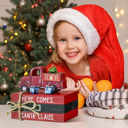 Smile Christmas Wooden Books Stack, Santa Claus Belt Sleigh Faux Books Bundle, Rustic Tiered Tray indoor Decorations, for Home Kitchen Table Mantle Shelf