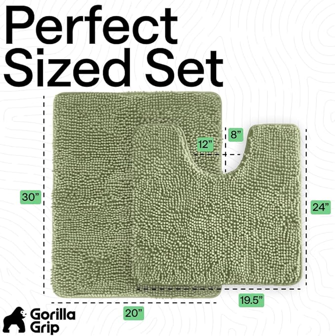 GORILLA GRIP Bathroom Rug Sets, Soft Chenille 2 Piece Area Rugs Set, Toilet Base Mat and 30x20 Carpet, Absorbent Microfiber Washable Mats Dry Quickly, Home Décor and Bath Room Accessories Sage Green