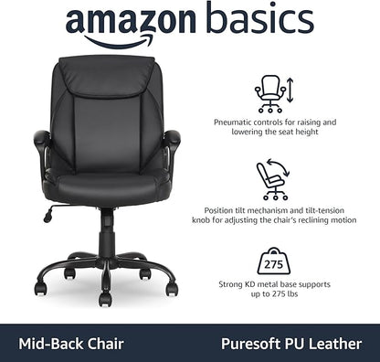 Amazon Basics Classic Puresoft PU Padded Mid-Back Office Desk Chair with Armrest, Easy Assembly, Sturdy Metal Base, Wheels, 275lb Support, 26"D x 23.75"W x 42"H, Black
