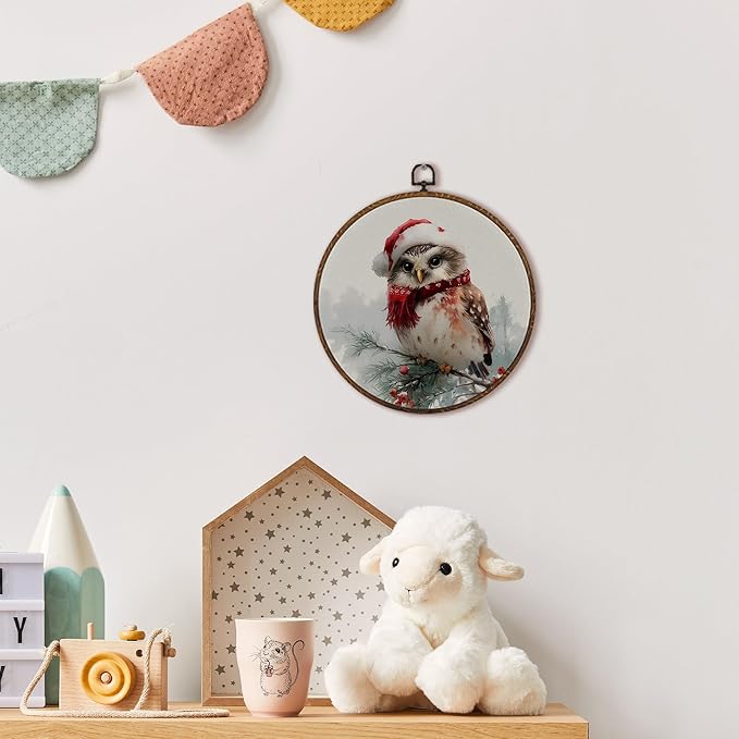 MOTERMATE Vintage Christmas Owl Wall Art Decor Round Framed, Winter Christmas Canvas Wall Art Artwork Prints, Farmhouse Winter Xmas Owl Hanging Decor Decorations for Home Living Room, 10x10 Inch
