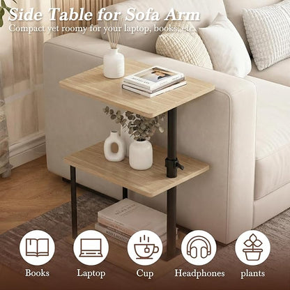 360° Swivel Side Table for Height Adjustable, C Shaped End Table for Couch with Storage, 3-Tier Night Stand with Open Shelf, Tv Tray for Small Spaces, Living Room, Bedroom, Oak