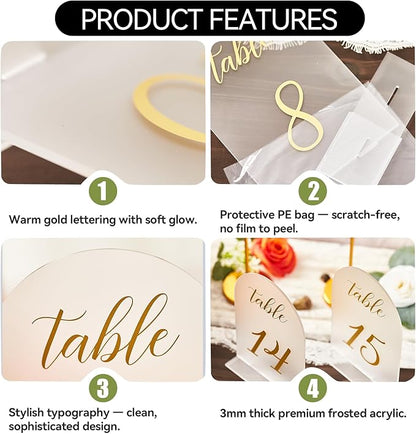 SHINVALE Arch Acrylic Wedding Table Numbers with Gold Foil Font – Frosted Finish, Elegant Modern Design with Stands, Easy Assembly Table Signs for Weddings, Parties & Events (15, 5" x 7")
