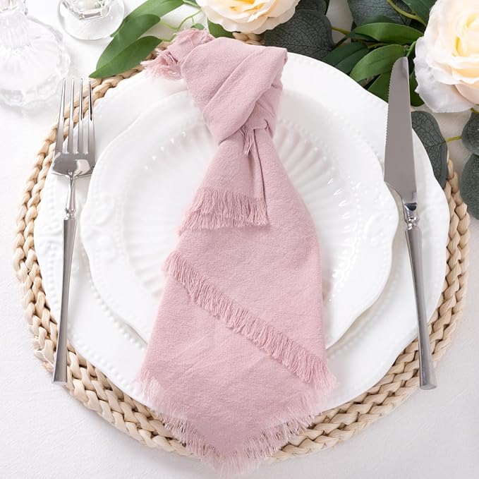 12 Pack Pink Cotton Linen Napkins with Fringe Christmas Cloth Napkins Set of 12 Boho Handmade Holiday Napkins Bulk for Wedding Baby Shower Xmas Parties Girl Sweet 16, 17 x 17 Inches