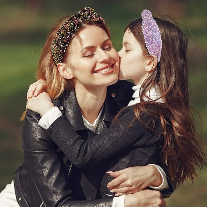 2Pcs Sequin Knotted Headband for Women, Sparkly Knotted Wide Hair Bands for Girls, Glitter Fashion Iridescent Headbands Hair Accessories Fancy Outfits for Party Birthday Prom