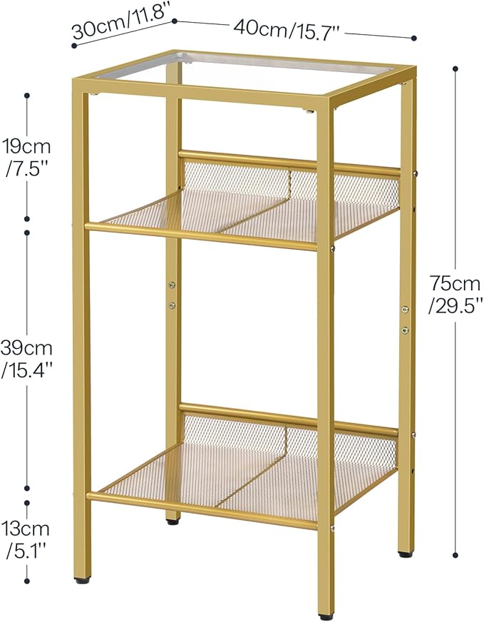 HOOBRO Gold Side Table, Tall Telephone End Table with Mesh Shelves, 3-Tier Nightstand with Tempered Glass Tabletop, for Living Room, Bedroom, Gold GD04DH01