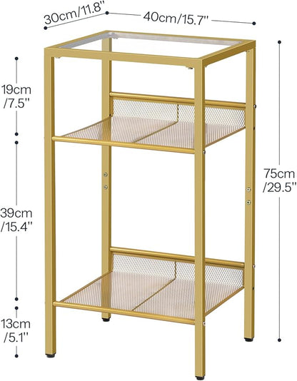 HOOBRO Gold Side Table, Tall Telephone End Table with Mesh Shelves, 3-Tier Nightstand with Tempered Glass Tabletop, for Living Room, Bedroom, Gold GD04DH01