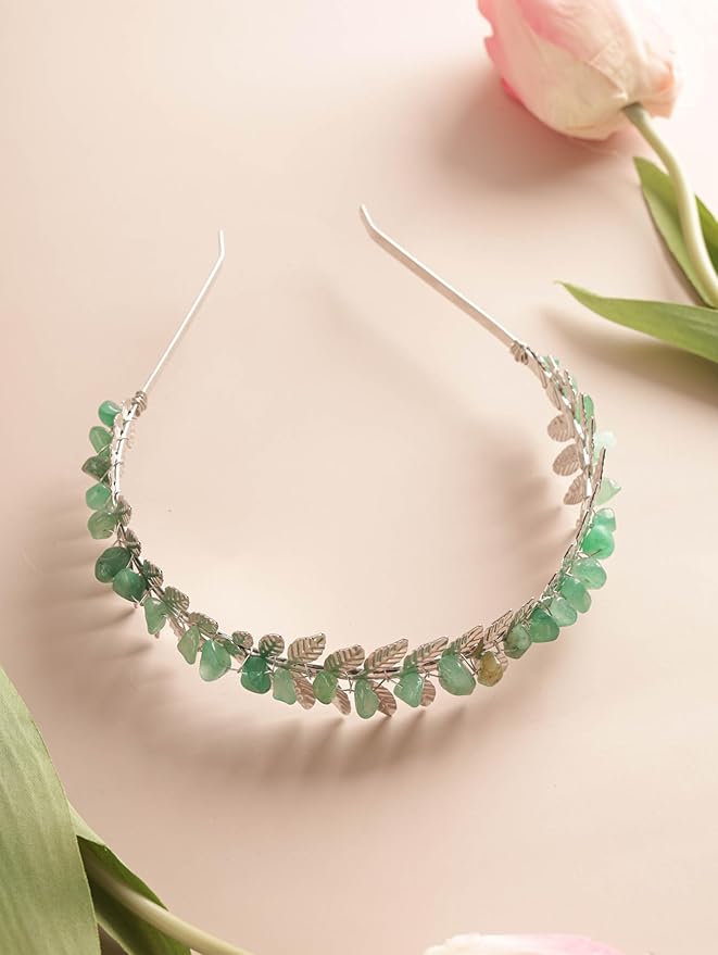 MINACHI Boho Green Aventurine Leaf Hairband, Silver-Tone Handmade Festival Crown, Jewelry Gift for Women Mother's Day