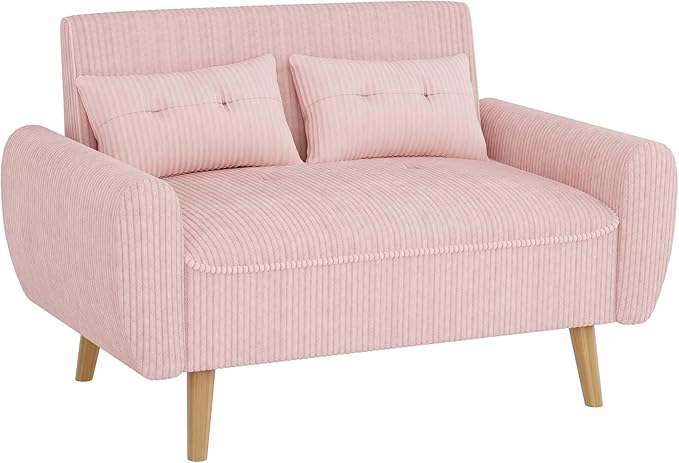 Shintenchi Small Modern Loveseat Couch Sofa, Mid Century Fabric Upholstered 2-Seat Sofa Couch Love Seats Furniture for Small Space,Living Room,Studio,Apartment with 2 Pillows, Pink