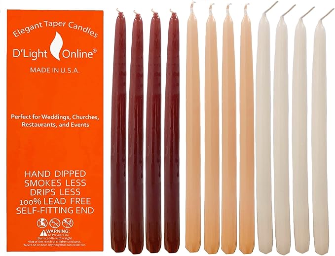 D'light Online Elegant 12" Earth Tone Tapered Candles Premium Quality Unscented Candles Hand-Dipped Taper Candles, Dripless and Smokeless - Set of 12 (12 Inch, Cozy Cashmere)