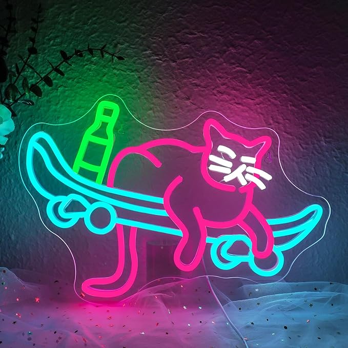 Lucunstar Skateboard Cat Neon Sign Pink Neon Signs for Wall Decor USB Connectivity Adjustable Brightness Animal Light Sign for Wall Decor Sign for Cat Lover Pet Shop