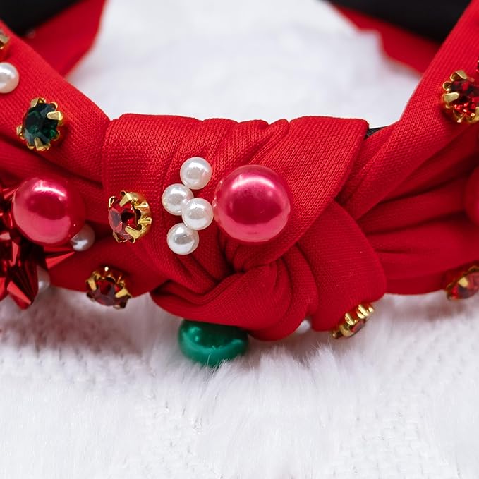 pVq Christmas Headband for Women Knotted Headband with Christmas Tree Crystal Pearl Snowflake Ribbon Xmas Holiday Hairband (Pearl Flower - Red, One Size)