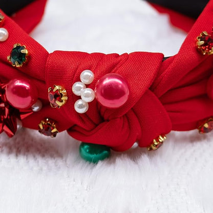 pVq Christmas Headband for Women Knotted Headband with Christmas Tree Crystal Pearl Snowflake Ribbon Xmas Holiday Hairband (Pearl Flower - Red, One Size)