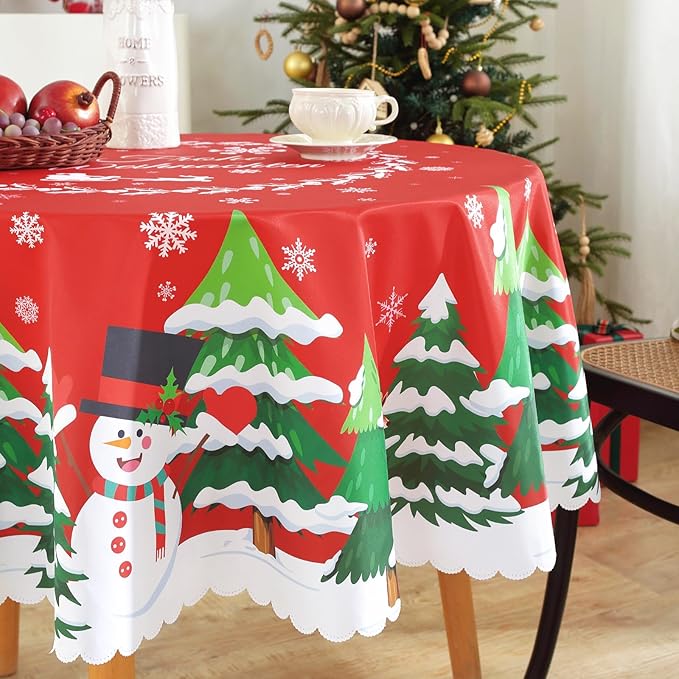 Eikione Christmas Tablecloth Round 60Inch, Christmas Tree+Santa Claus Table Cloth, Wipeable Table Cover for Picnic Party