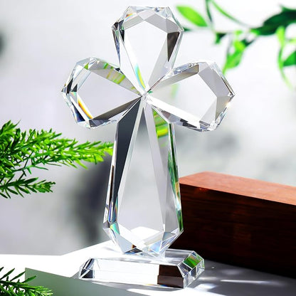 YWHL Clear Crystal Standing Cross Figurine Decor, Holy Cross Collectible Figurines Decoration, Religious Gifts for Women Men, Handmade Christian Easter Cross for Home Office