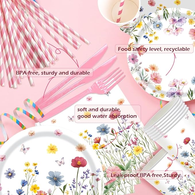 168Pcs Wildflower Party Supplies Wildflower Plates and Napkins Cups Disposable Tableware for Girls Baby Shower Birthday Spring Summer Floral Wedding Tea Party Decorations, Serves 24 Guests