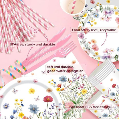 168Pcs Wildflower Party Supplies Wildflower Plates and Napkins Cups Disposable Tableware for Girls Baby Shower Birthday Spring Summer Floral Wedding Tea Party Decorations, Serves 24 Guests