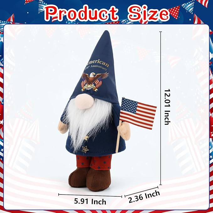 250th Anniversary America 4th of July Patriotic Gnome Plush Decoration Fourth of July Gnome Figurines for Office Home Desk Table Decor for Independence Memorial Day Labor Day