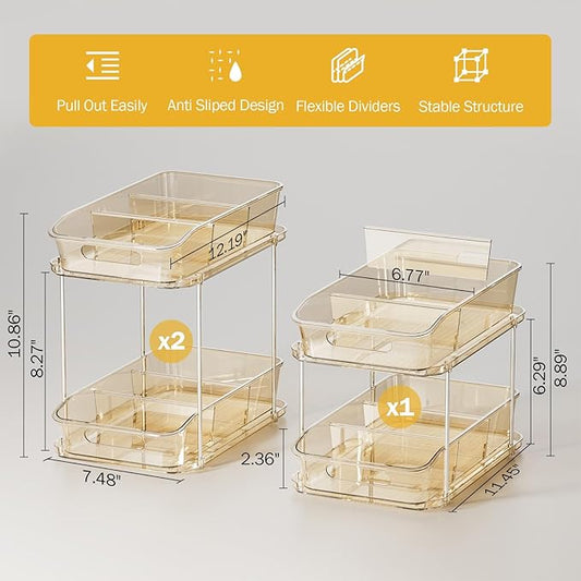 Delamu 2-Tier Under Sink Organizers and Storage, Multi-Purpose Stackable Bathroom Cabinet organizers, Pull Out Kitchen Pantry Organization and Storage with Dividers(3 Pack, Amber)