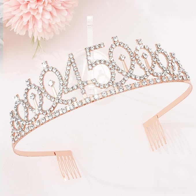 CIEHER 45th Birthday Crown and Sash, 45 & Fabulous Sash, 45th Birthday Decorations for Women - Rose Gold