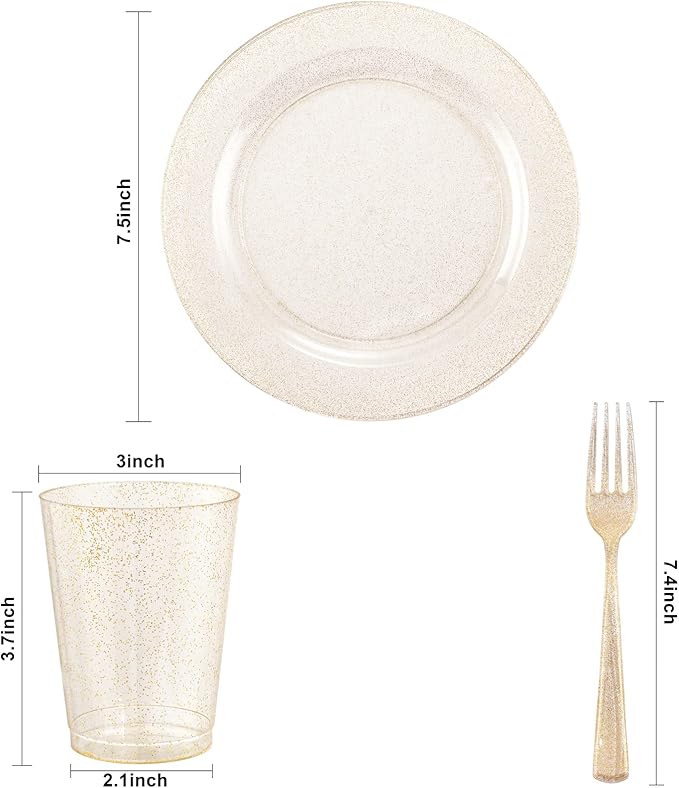 WELLIFE 150-Piece Gold Dessert Plates,Includes 50 Gold Glitter Party Plates,50 Cups & 50 Forks -Plastic Disposable Tableware Set for 50 Guests,Birthday Party,Wedding,Thanksgiving&Fall Decor