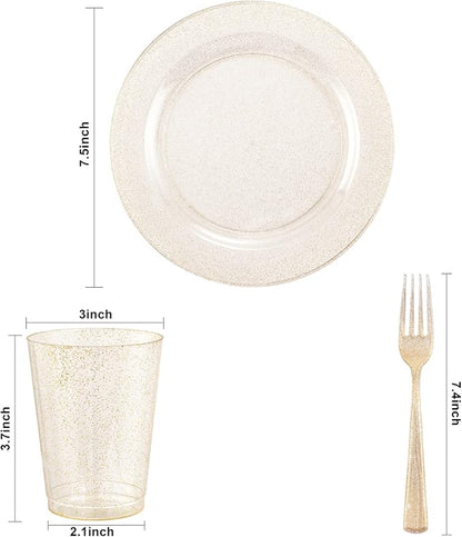 WELLIFE 150-Piece Gold Dessert Plates,Includes 50 Gold Glitter Party Plates,50 Cups & 50 Forks -Plastic Disposable Tableware Set for 50 Guests,Birthday Party,Wedding,Thanksgiving&Fall Decor
