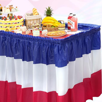 1 Pack 4th of July Plastic Table Skirts Decorations, Red White and Blue Patriotic Disposable Table Skirts, Fourth of July Table Party Decorations for Independence Memorial Veterans Day, 2.4 x 14 Ft