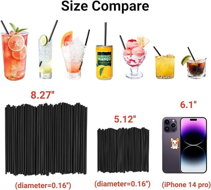 500Pcs Black Disposable Straws，5.12’’ Straight Flat Straw,0.16‘’ Diameter, For Kitchen,Bar,Club,Drinks, Milk, Soda, Party, Whiskey (500, 5.12'')