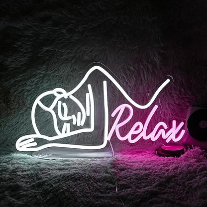 Dimmable Relax Neon Sign Led Woman Relax Neon Light for Wall Decor White Pink Lady Body Neon Wall Light Up Sign for Beauty Salon Massage Shop Ladies Room Decor Gifts for girls (16.7‘’*8.7‘’USB）