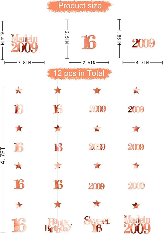 12PCS Rose Gold 16th Birthday Decorations Number 16 and 2009 Star Garland Streamer Banner Backdrop for Girls Boys Cheers to 16 Years Birthday Vintage Made in 2009 Sweet Sixteen Party Decor Supplies
